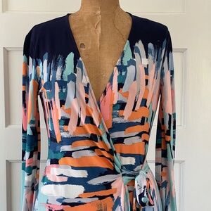 BCBG Maxazria Adele Blue & Pink Abstract Print Wrap Dress Size Small